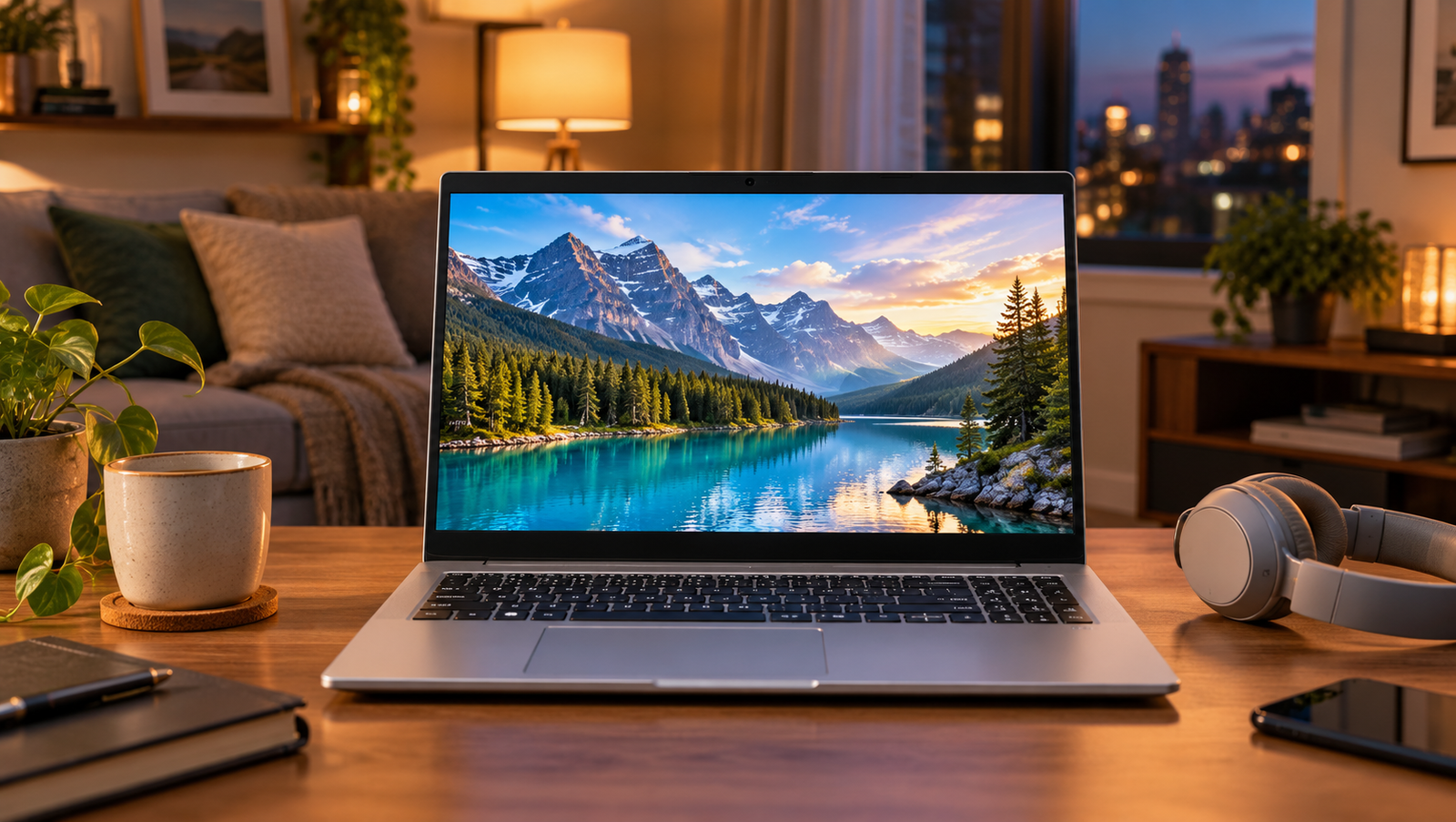 Silver laptop displaying a vivid landscape in a warm living room