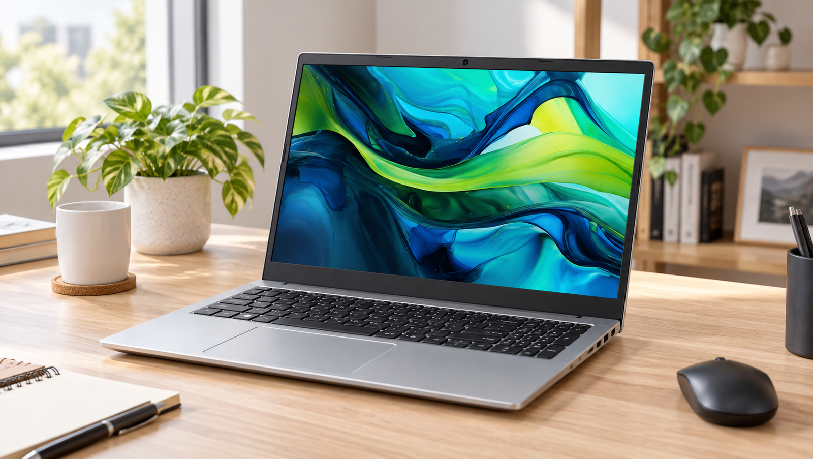 Silver Acer Aspire Go 15 style laptop on a bright desk