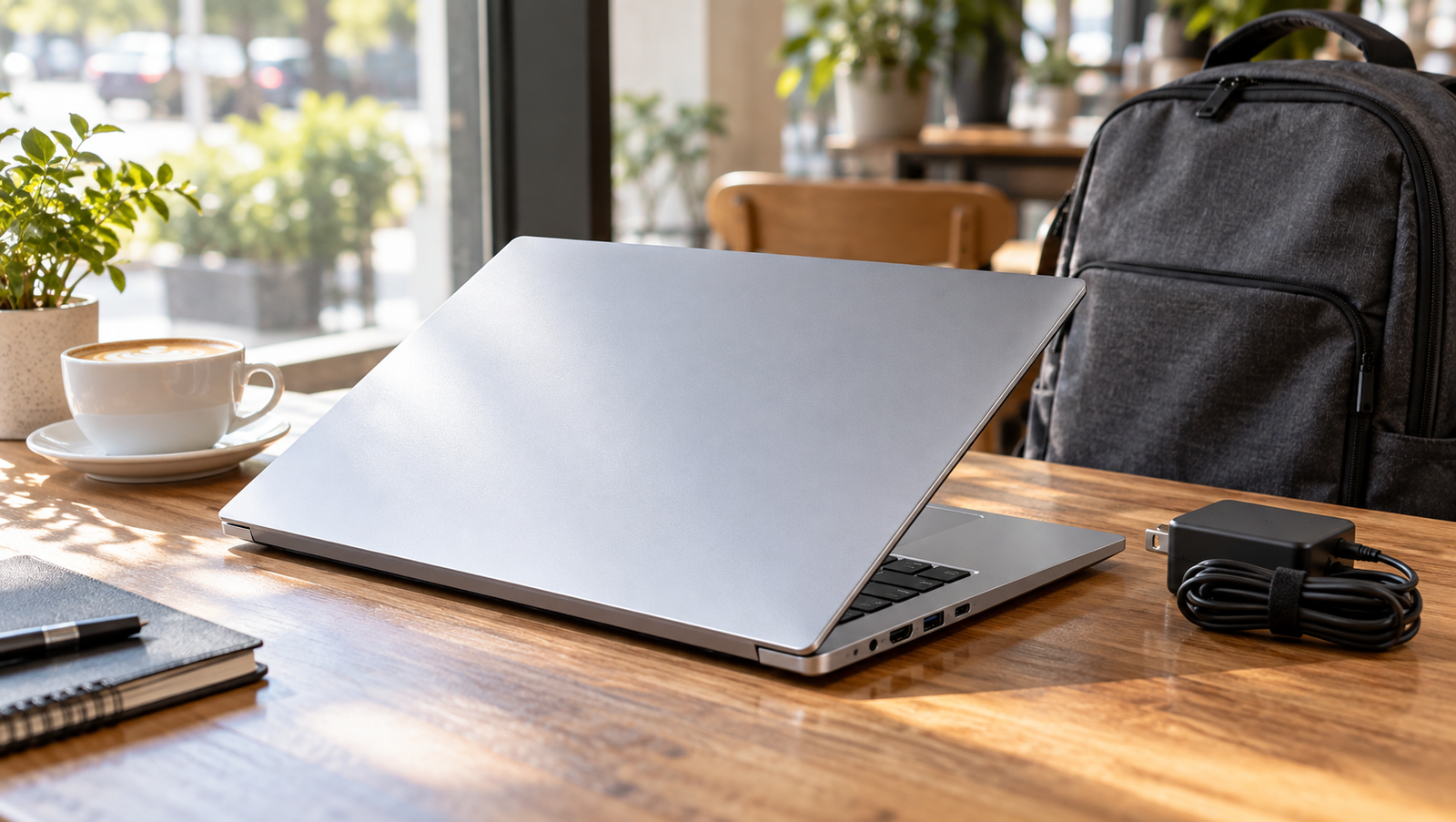 Slim silver laptop with a backpack and charger in a cafe
