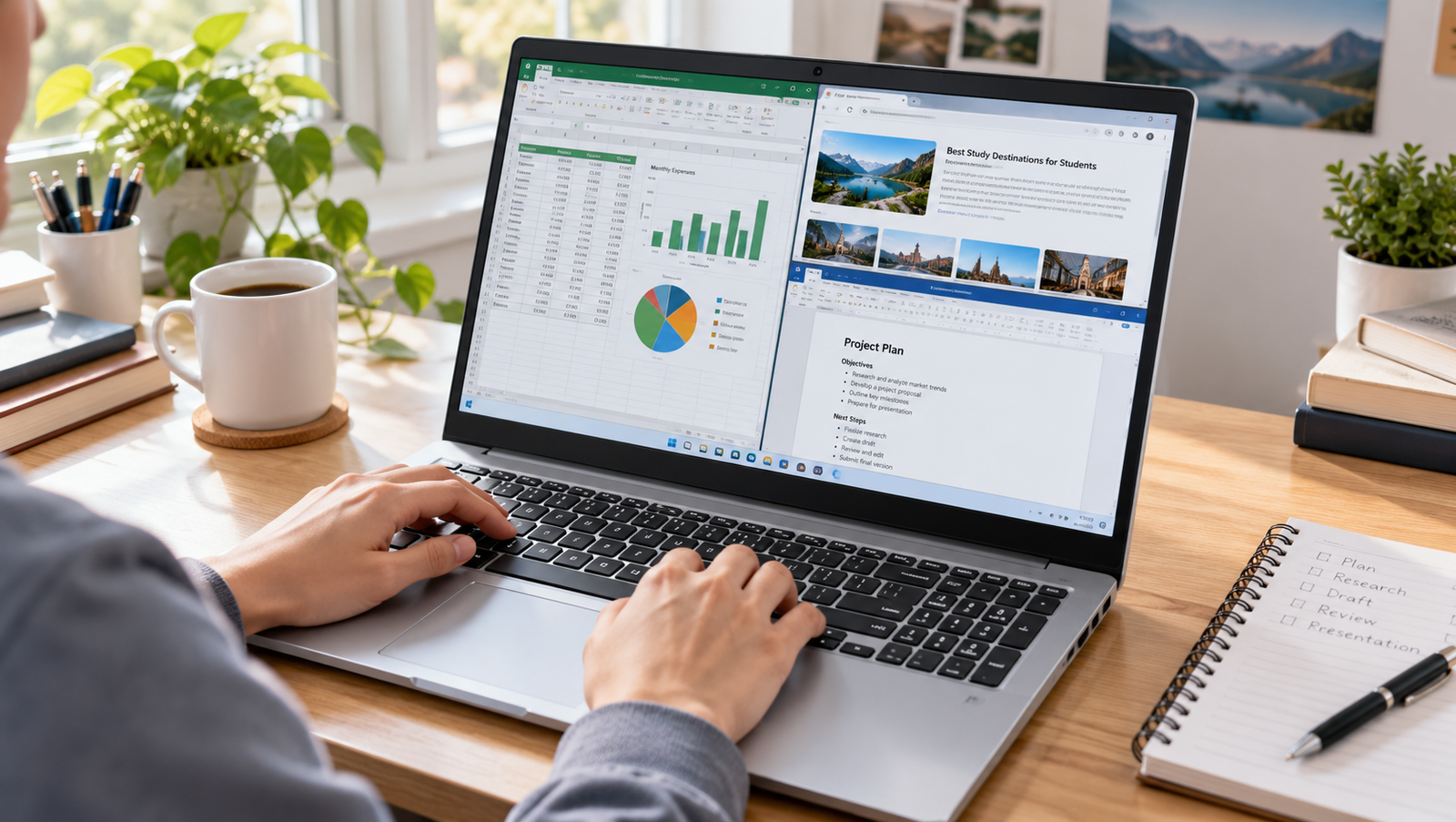 Hands using a silver full-size laptop for documents and spreadsheets