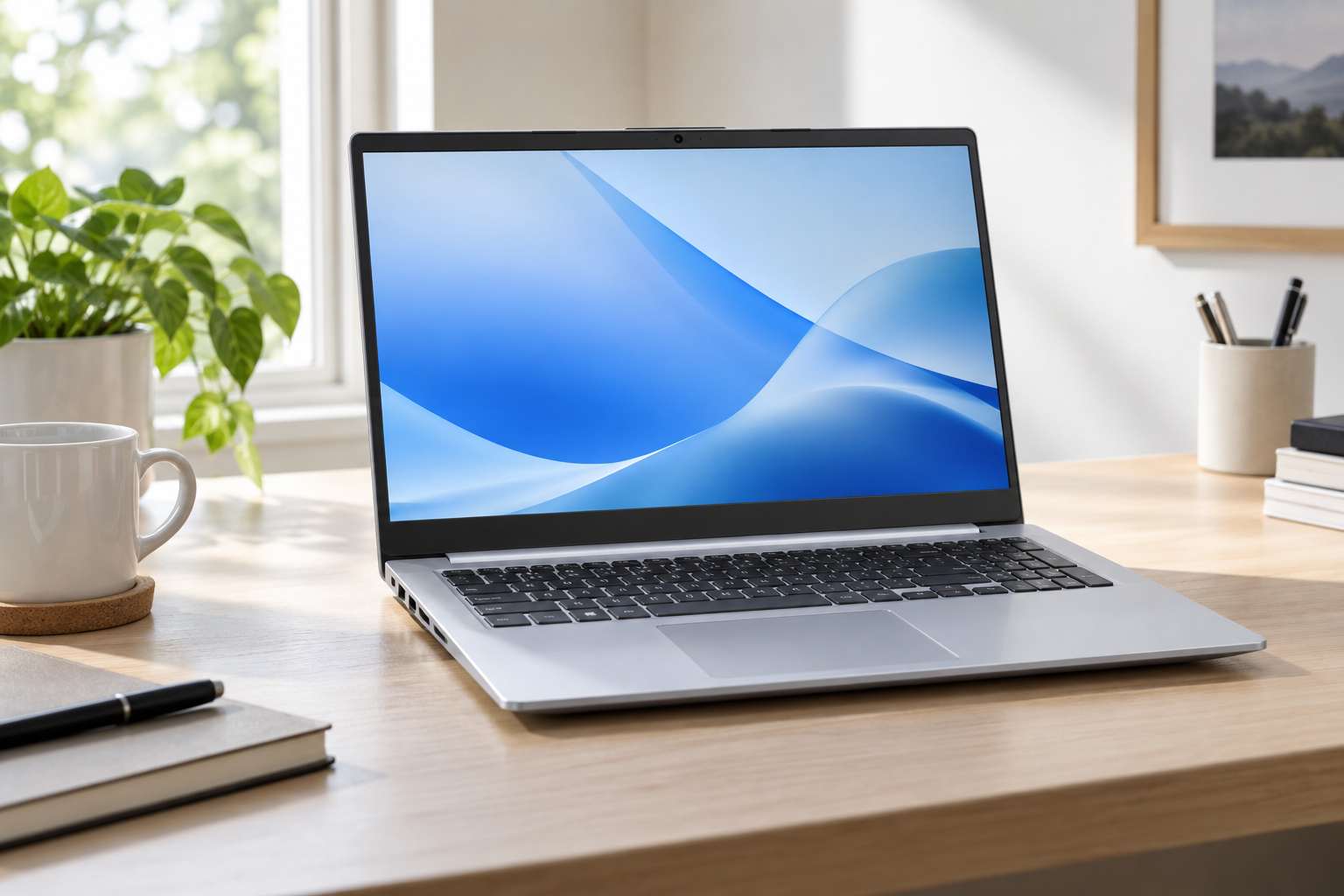 Silver ASUS Vivobook Go 15 style laptop on a bright desk
