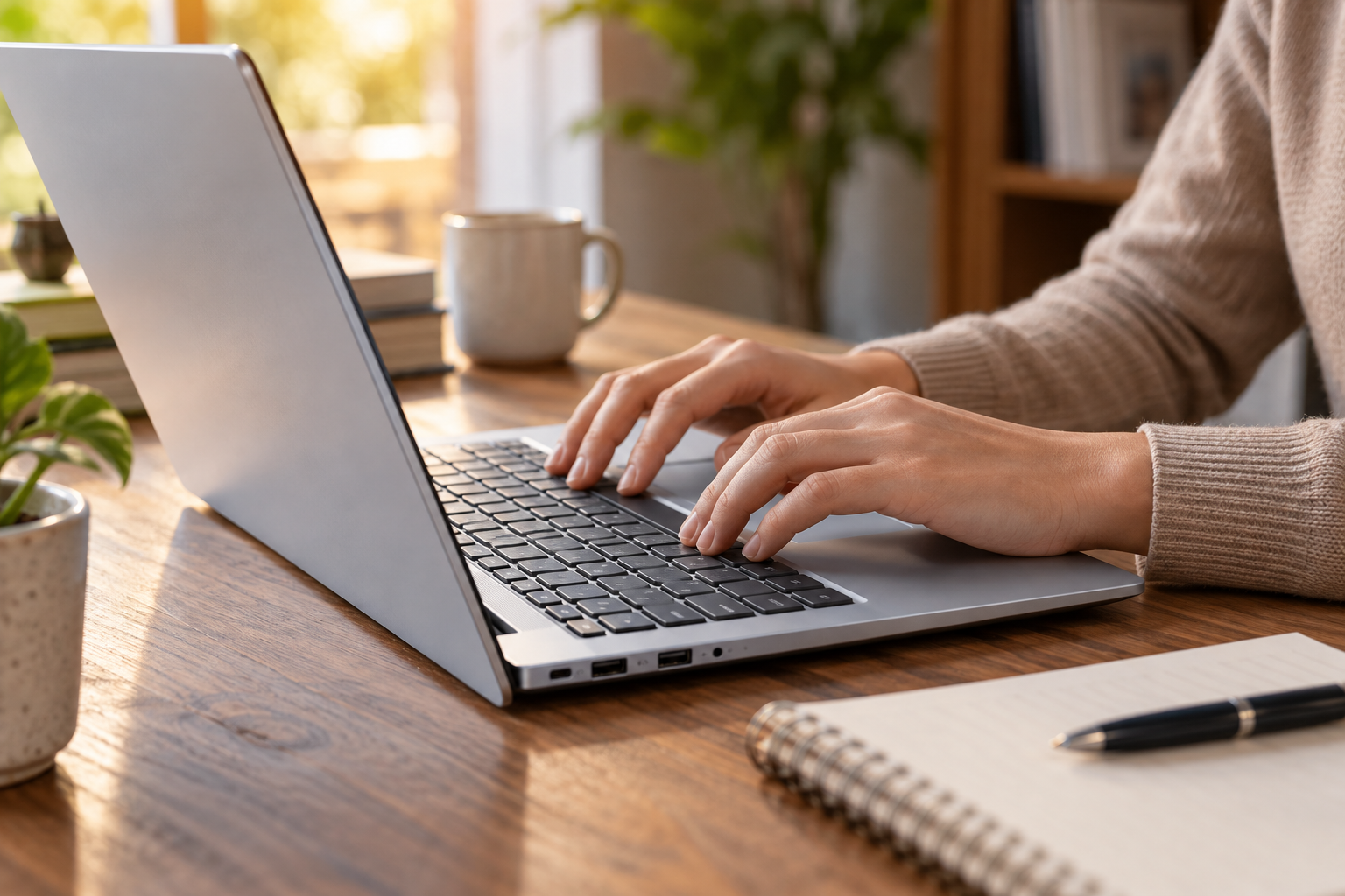 Hands typing on a silver full-size laptop