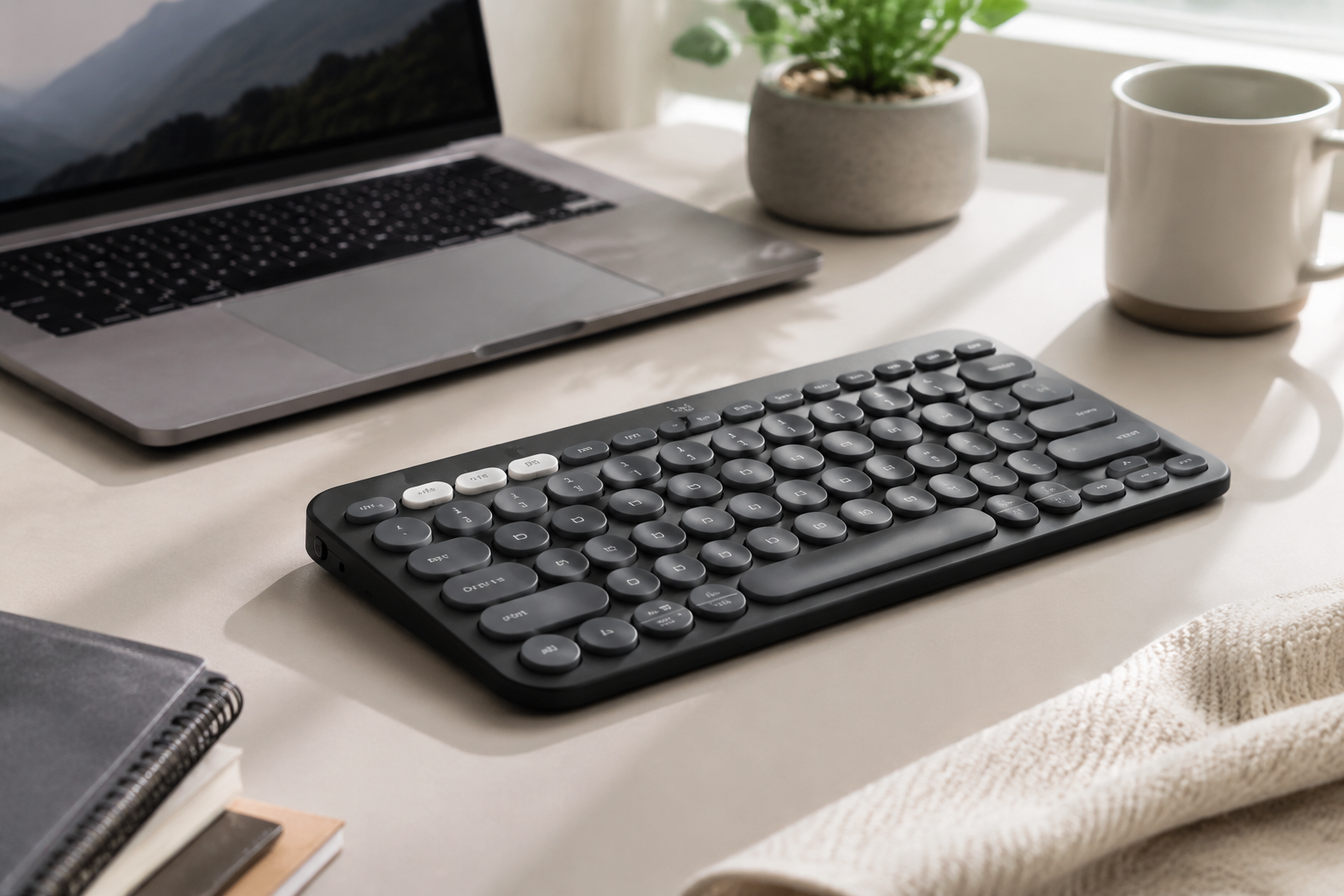 Compact graphite round-key wireless keyboard on a bright desk