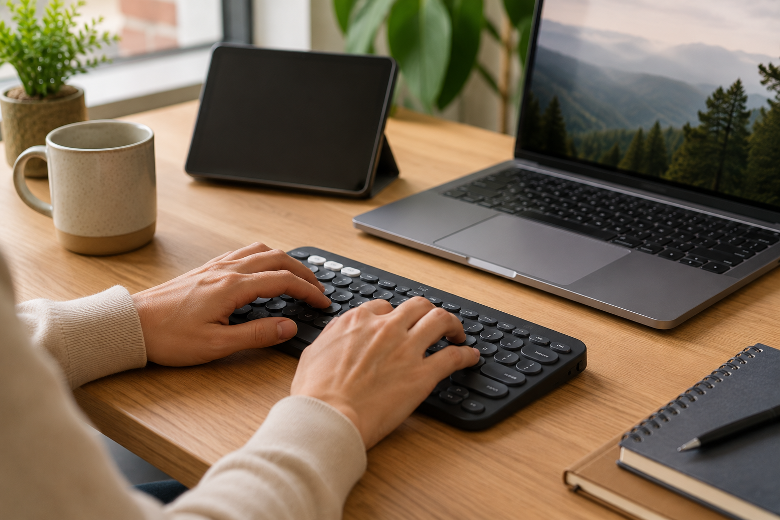 Hands typing on a compact graphite round-key keyboard beside a laptop and tablet