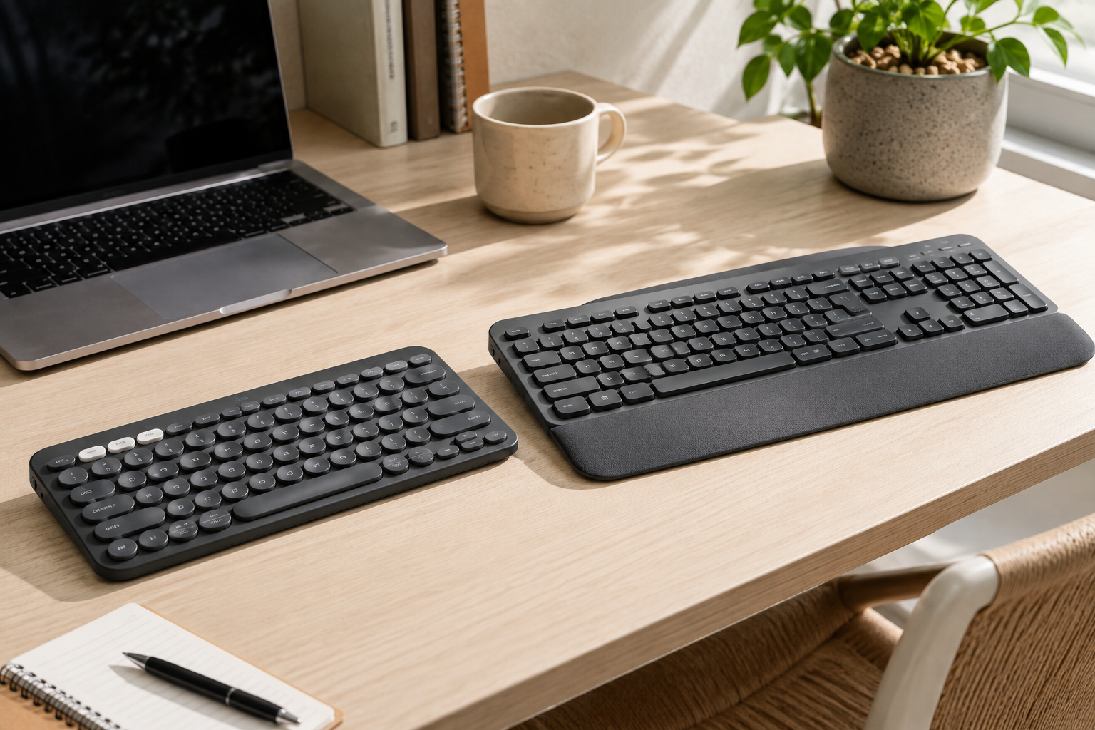 Compact Logitech K380s style keyboard beside a full-size K650 style keyboard