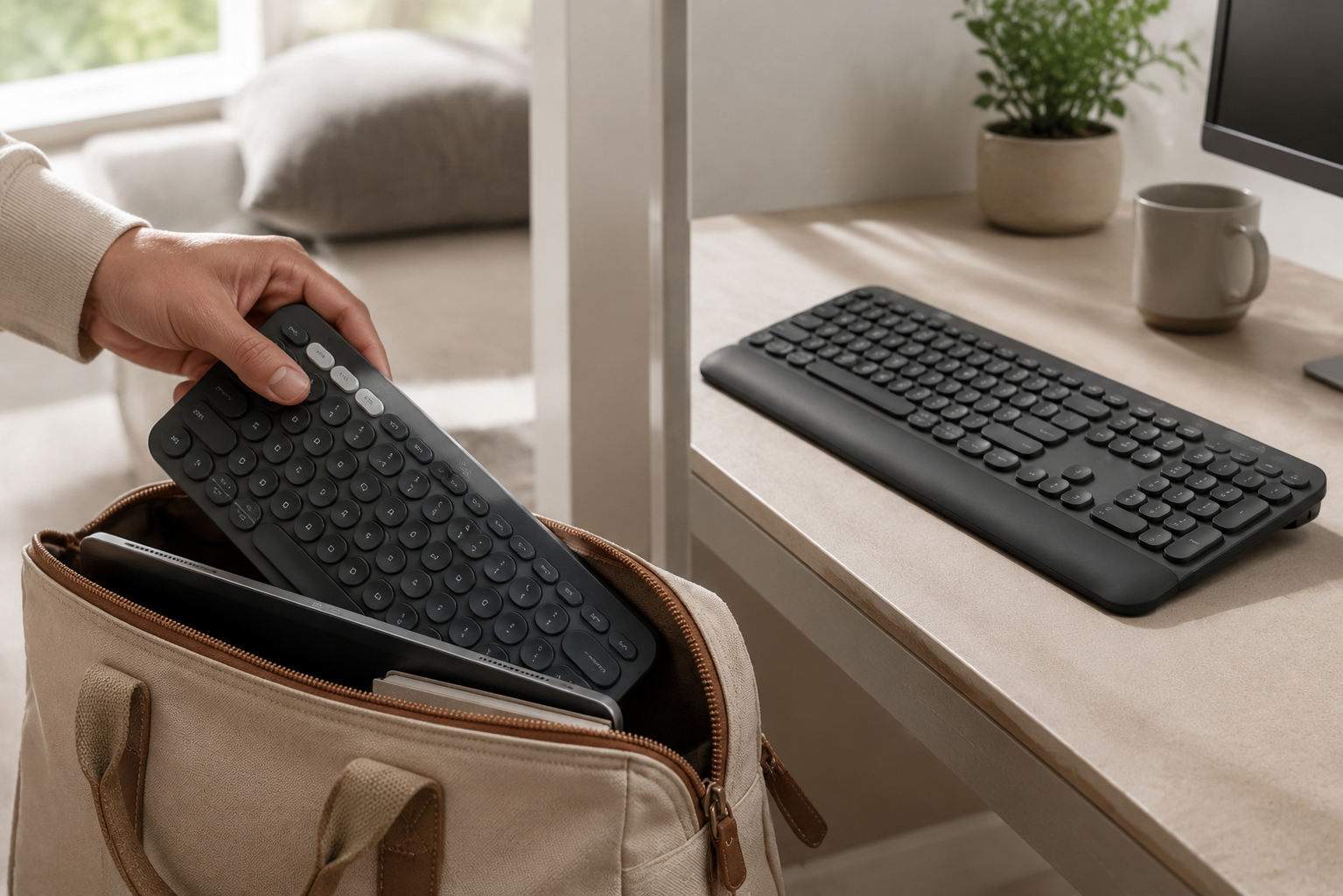 Compact keyboard being packed beside a larger full-size desk keyboard