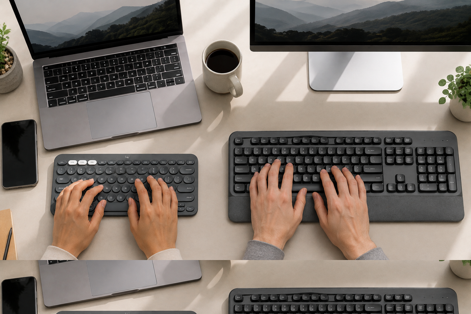 People typing on compact and full-size wireless keyboard layouts