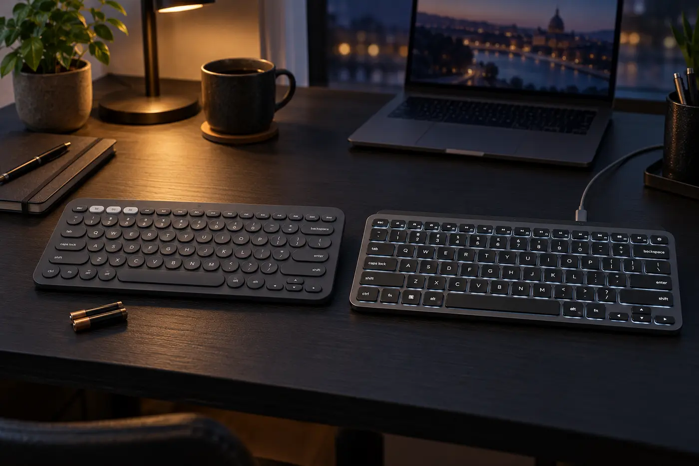 Battery-powered round-key keyboard beside USB-C rechargeable backlit keyboard