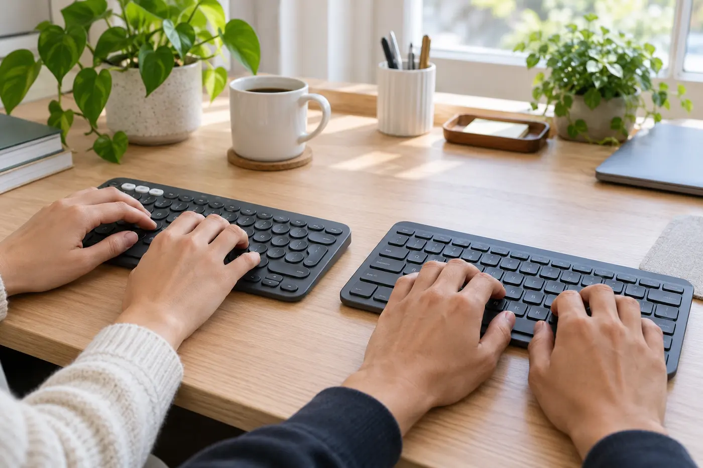 Hands typing on round-key and square-key compact wireless keyboards