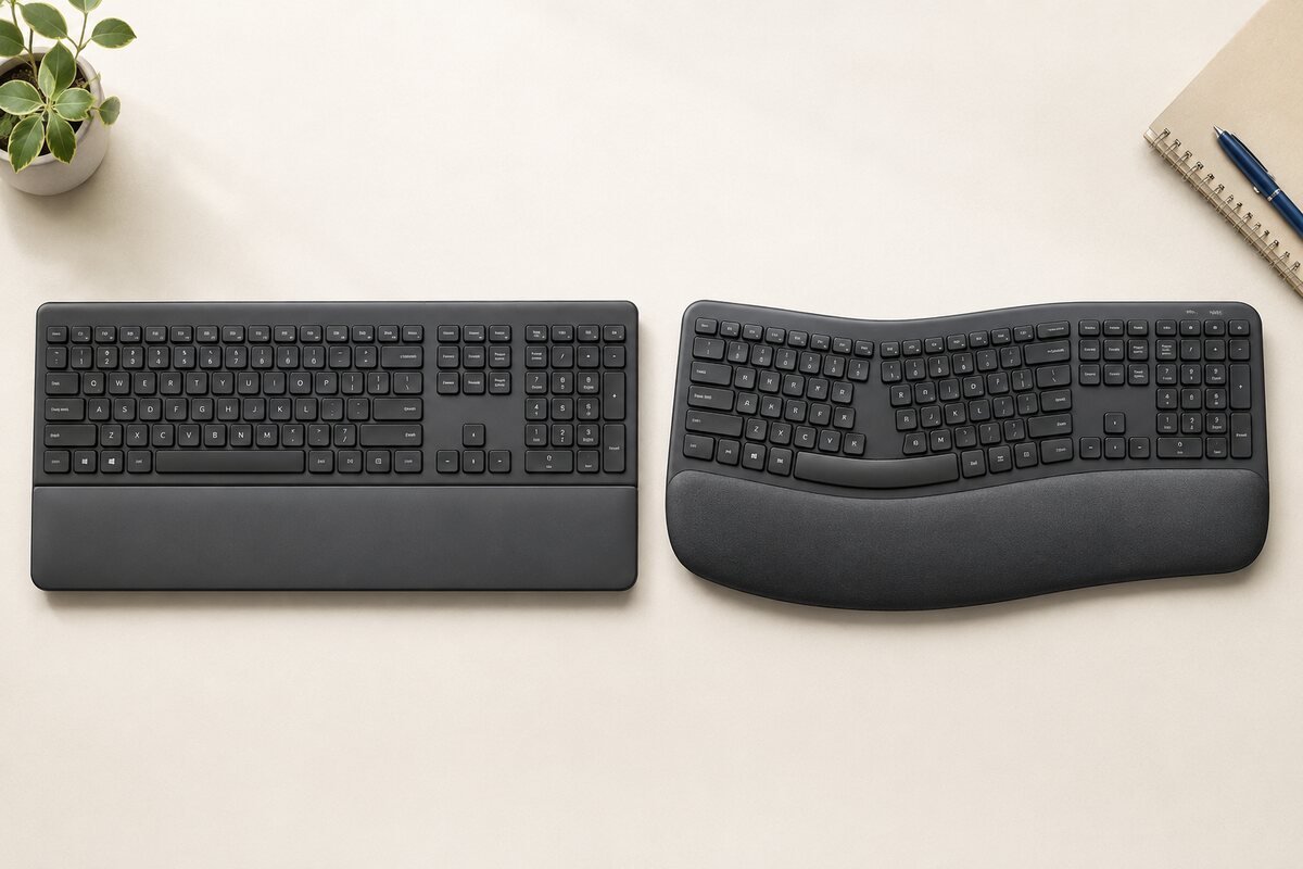 Top view comparing a straight full-size keyboard with a compact wave-shaped ergonomic keyboard