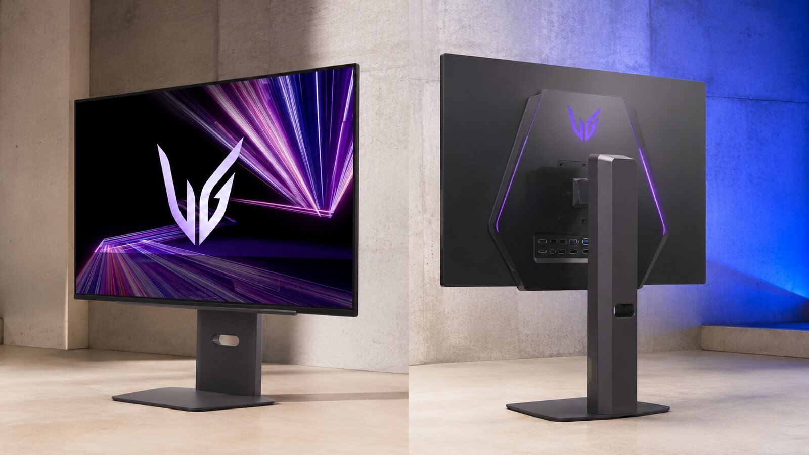 Front and rear views of a thin OLED gaming monitor and adjustable stand