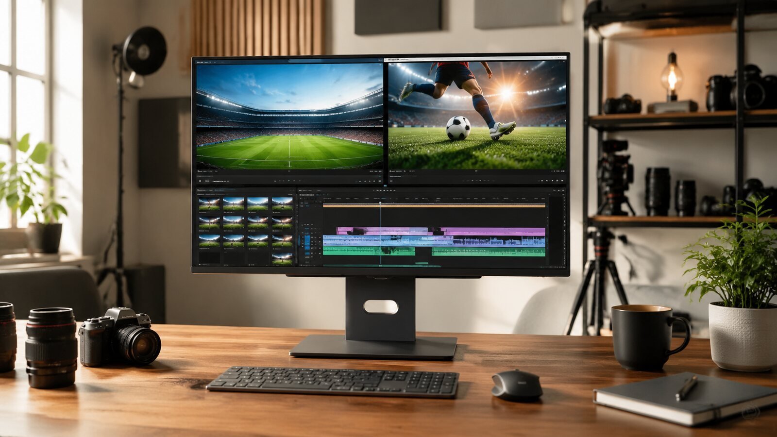 OLED monitor used for sports video editing in a bright media studio