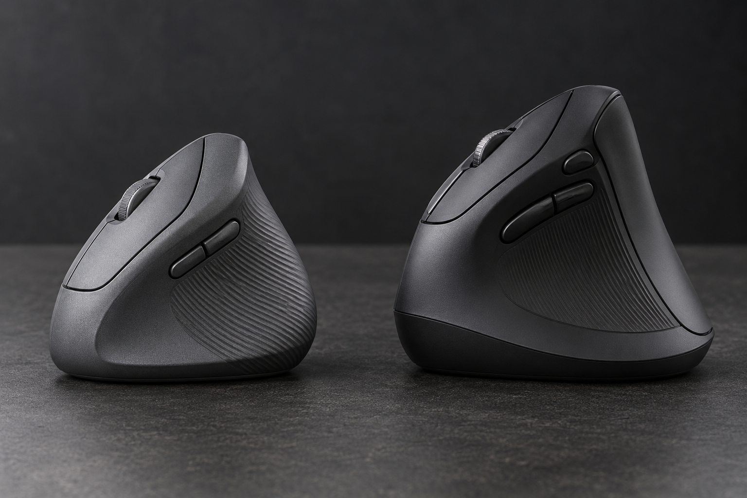 Close comparison of scroll wheels and side controls on two vertical mice