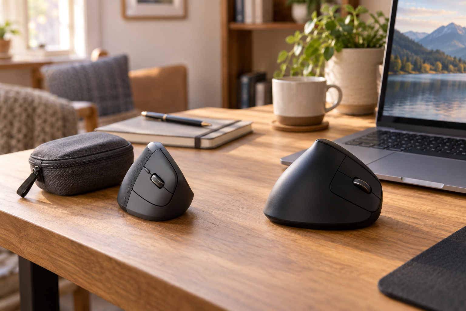 Vertical mice beside a laptop bag and office notebook for portability and value comparison