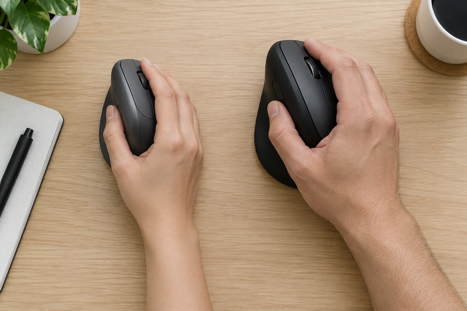 Hands resting on compact and larger vertical mice for fit comparison