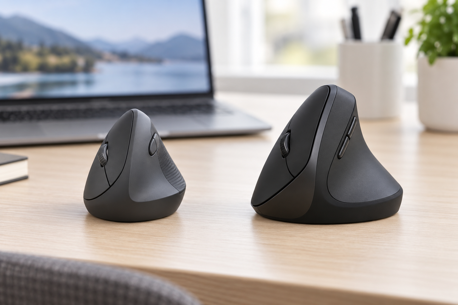 Compact graphite and larger black vertical mice compared side by side
