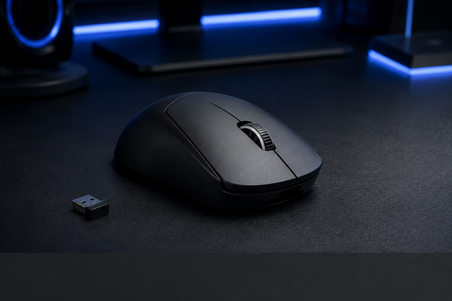 Black ultra-light wireless gaming mouse on a gaming desk