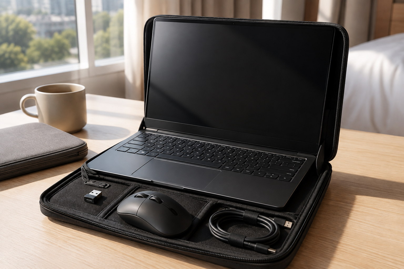 Ultra-light wireless gaming mouse with laptop, receiver and cable in a travel case