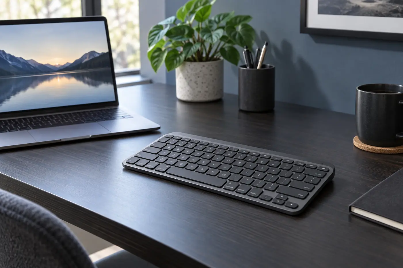 Compact graphite illuminated wireless keyboard on a premium modern desk