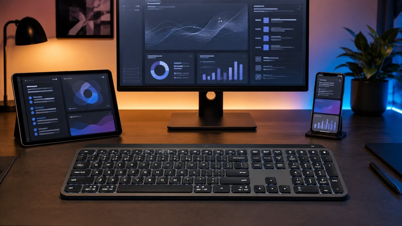 Logitech MX Keys S style keyboard paired with desktop monitor tablet and smartphone