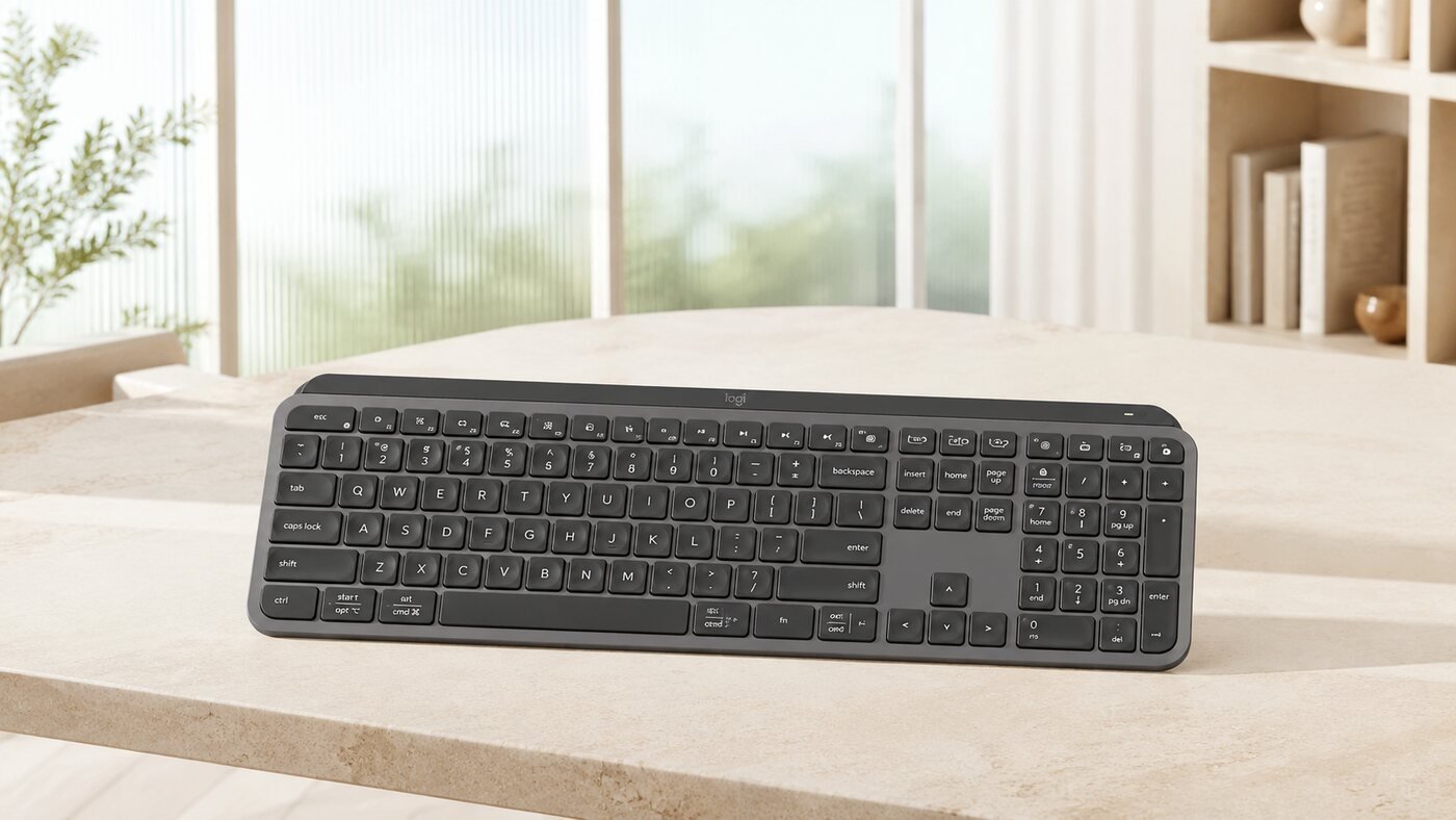 Logitech MX Keys S style keyboard in a bright studio