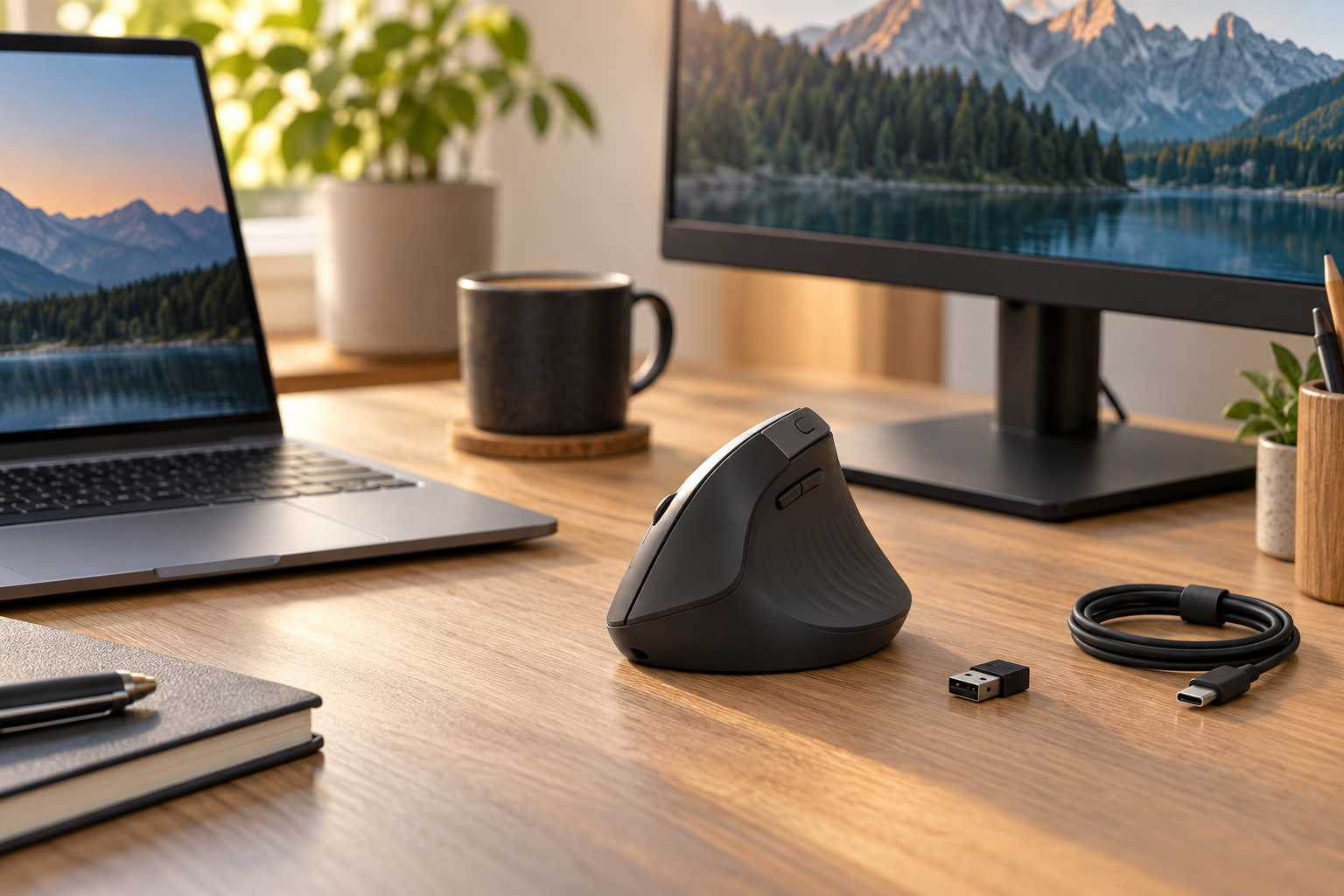 Vertical ergonomic mouse beside laptop monitor USB receiver and USB-C cable