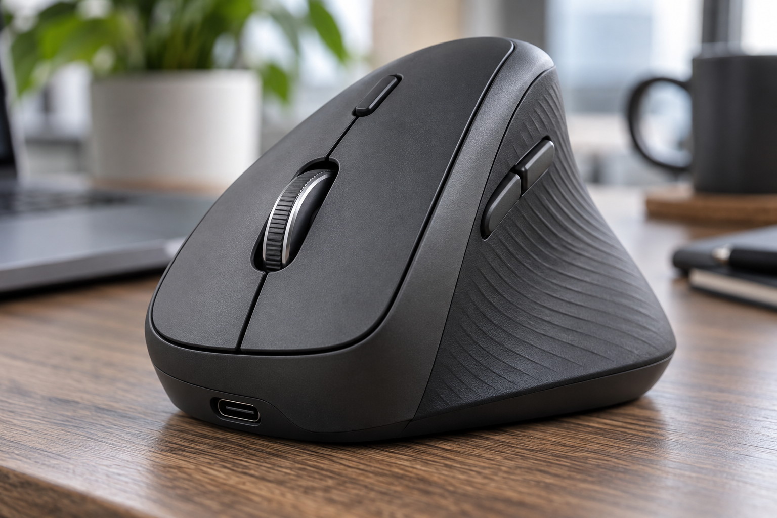 Close view of vertical mouse scroll wheel side buttons and USB-C port