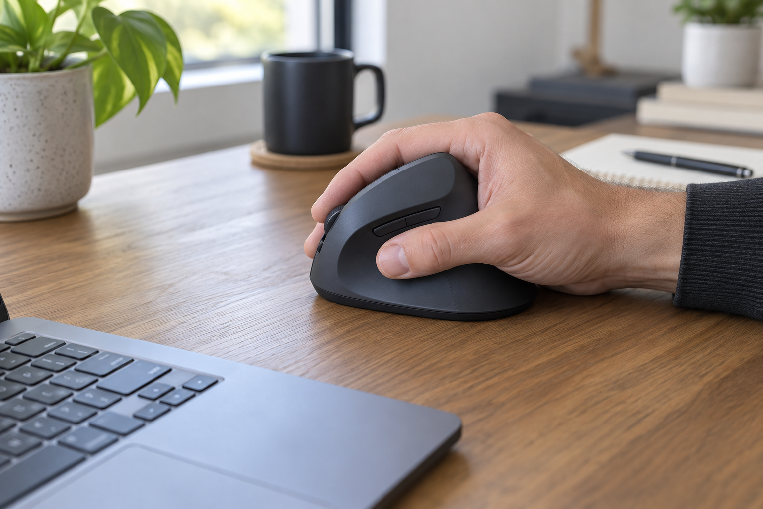 Right hand resting on a large graphite vertical ergonomic mouse