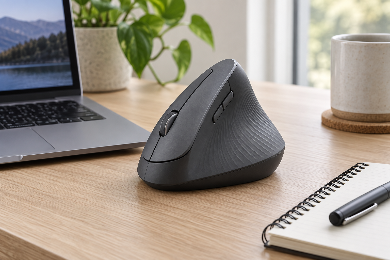 Graphite MX Vertical style ergonomic mouse on a modern office desk