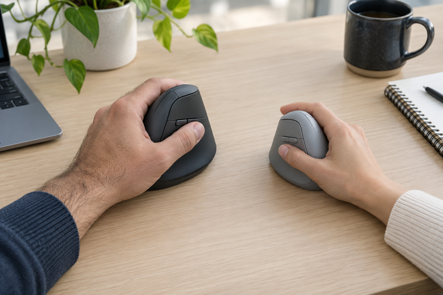 Large and small hands testing two sizes of vertical ergonomic mouse