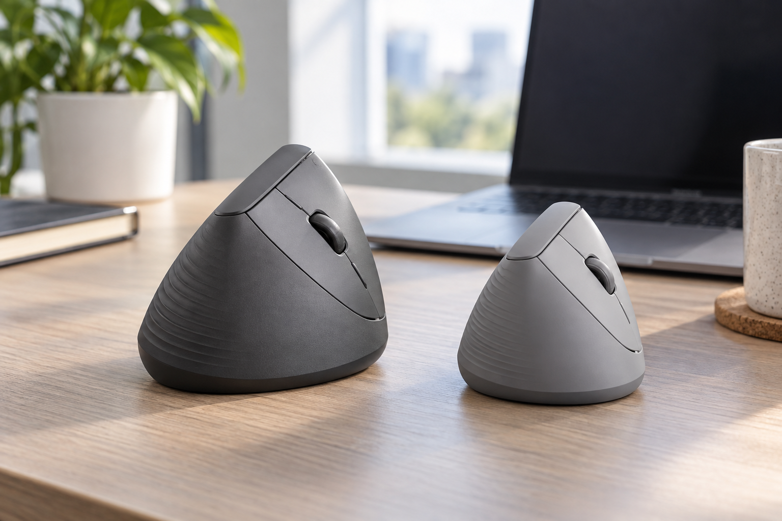 Large and compact vertical ergonomic mice compared side by side