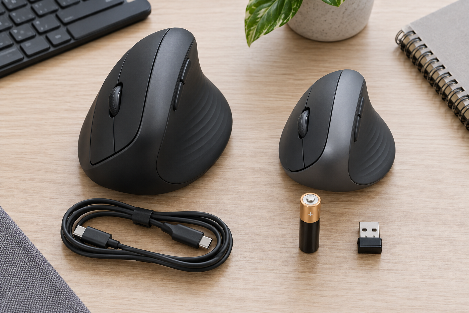 Large rechargeable vertical mouse with USB-C cable beside compact battery-powered vertical mouse and receiver