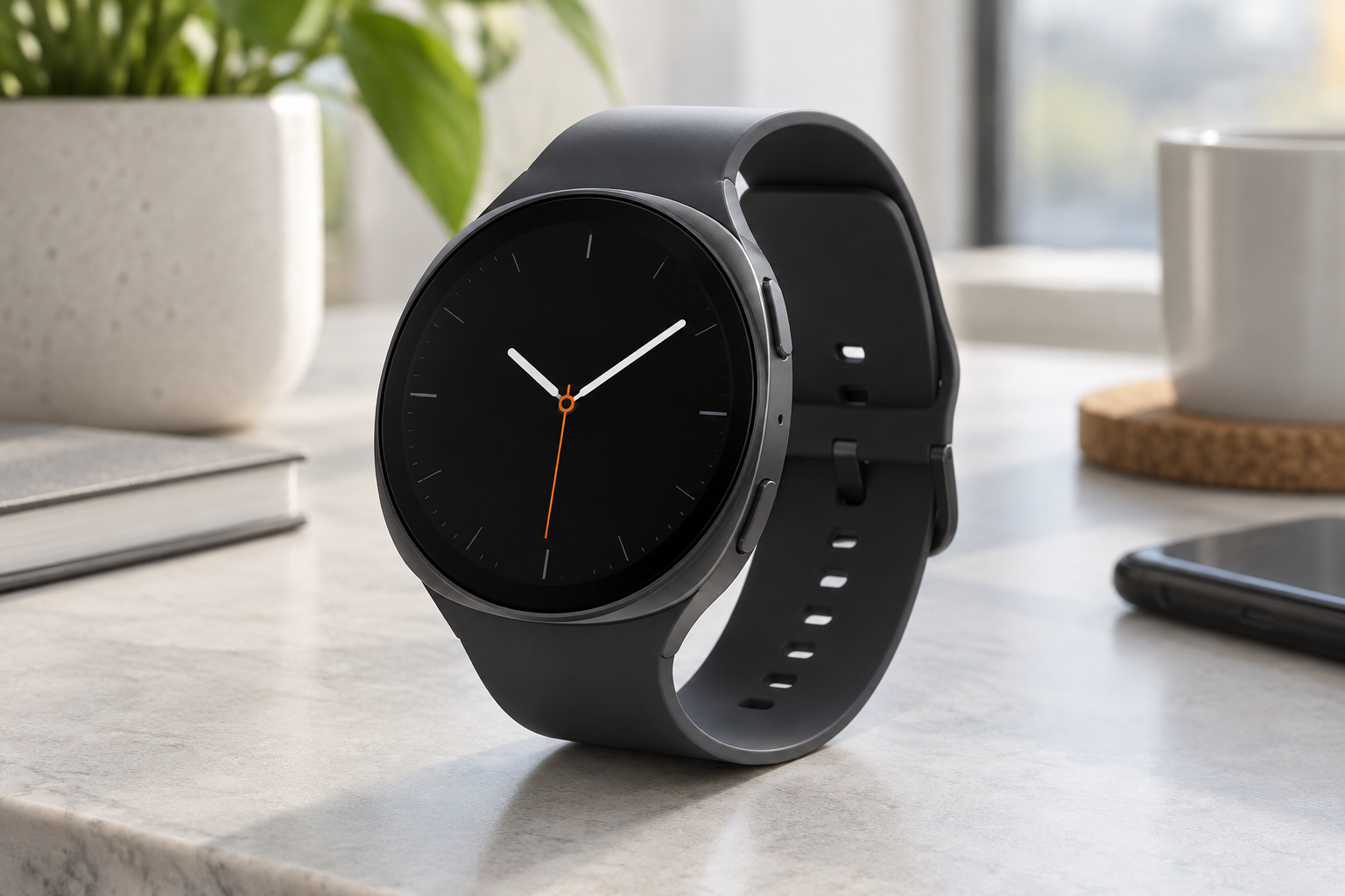 Graphite Samsung Galaxy Watch 8 style smartwatch on a bright desk