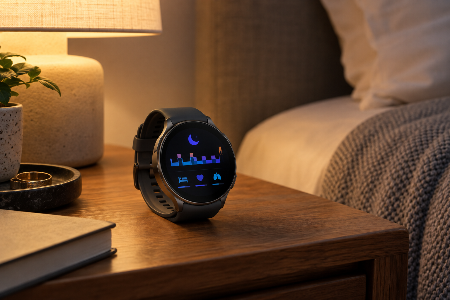 Graphite smartwatch displaying sleep insights on a warm bedside table