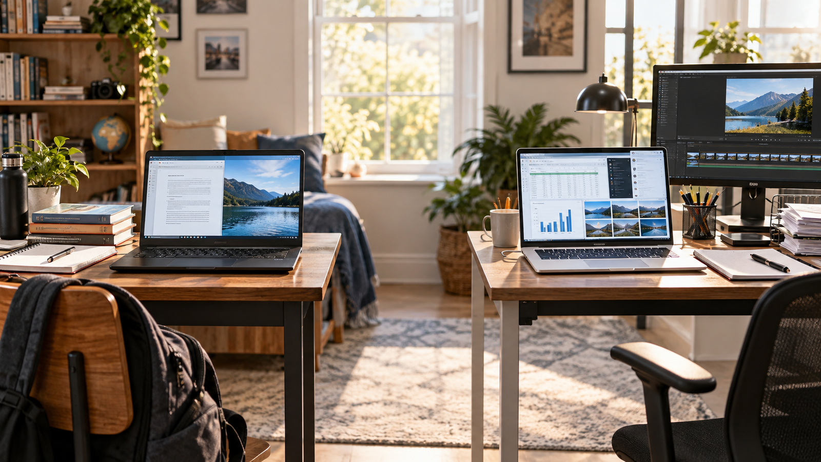 Student laptop desk compared with a busier home-office laptop setup
