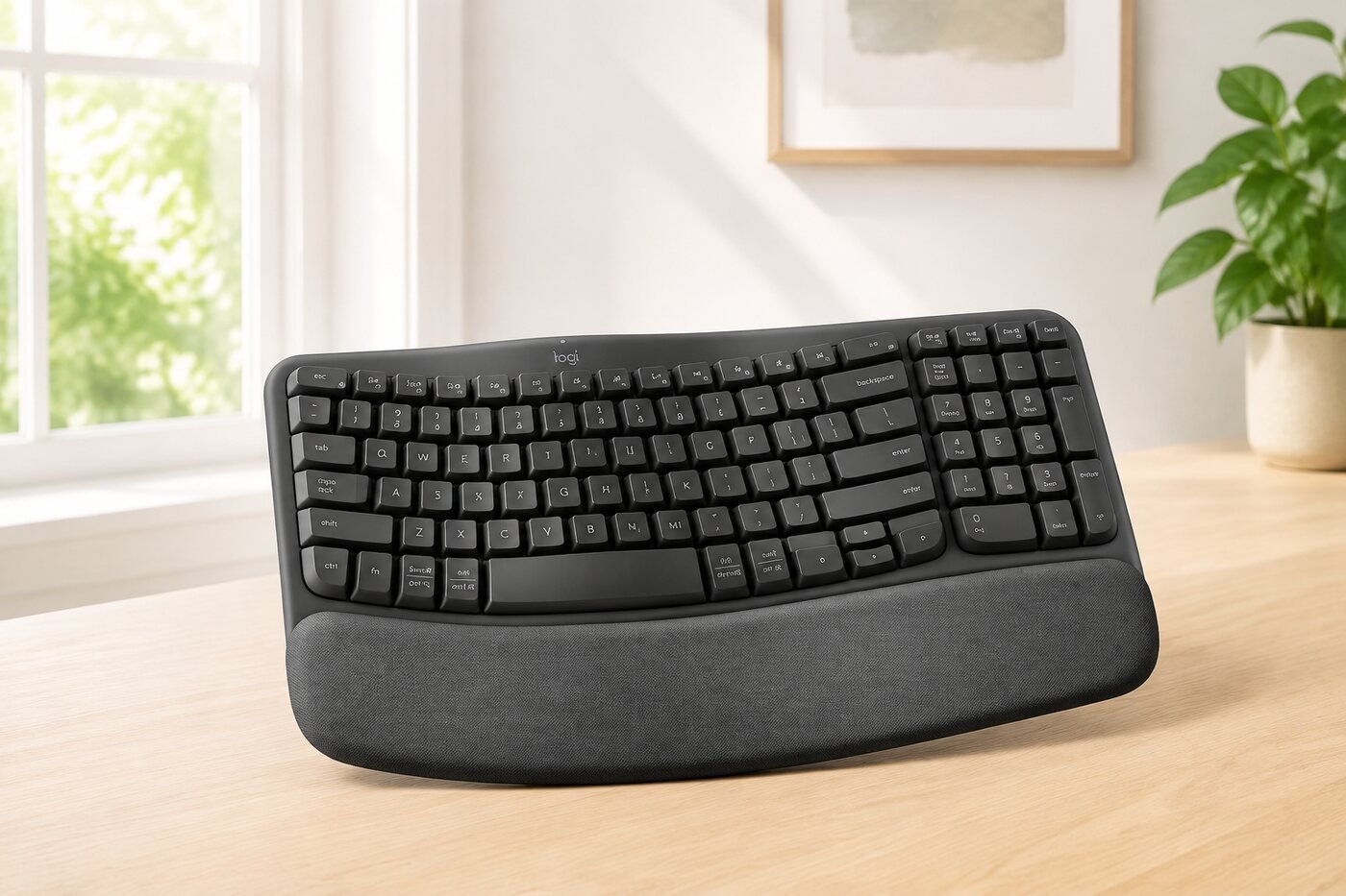 Logitech Wave Keys ergonomic keyboard on a bright desk